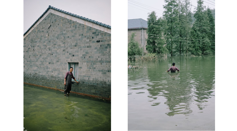 Left: Zhang Dingda, 48, points to the high water mark on the side of his home (left); right: Zhang tries to enter his flooded house in Xiaoyang Village, Duchang County, Jiangxi province, July 16, 2020.