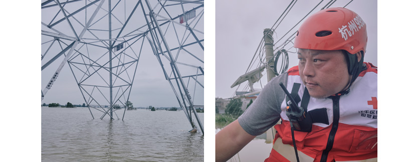 A pylon is partially submerged by the rising waters in Youdunjie Town (left); Lu Feng, leader of a rescue team from Hangzhou (right), tries to avoid running into power cables during a mission in Youdunjie Town, Poyang County, Jiangxi province, July 15, 2020. Wu Huiyuan/Sixth Tone