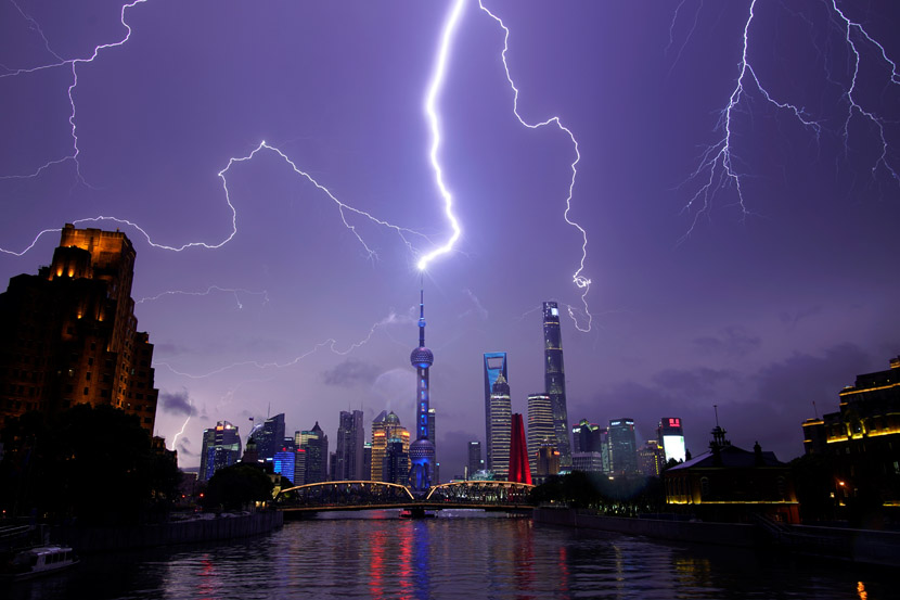 Lightning strikes the skies above Pudong, Shanghai, Aug. 10, 2020. Aly Song/People Visual