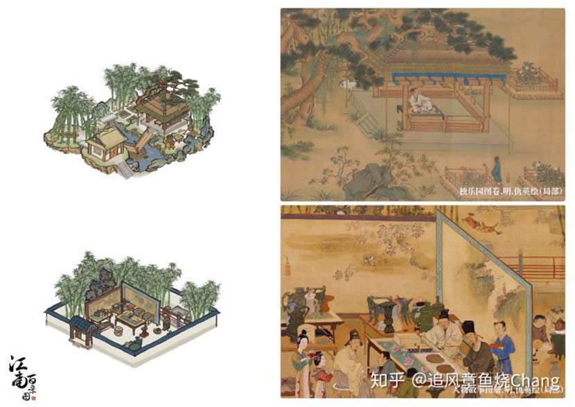 Left: Graphics from the settlement-building mobile game One Hundred Scenes of Jiangnan; right: Ancient paintings that inspired the game’s design team. From @追风章鱼烧Chang on Zhihu