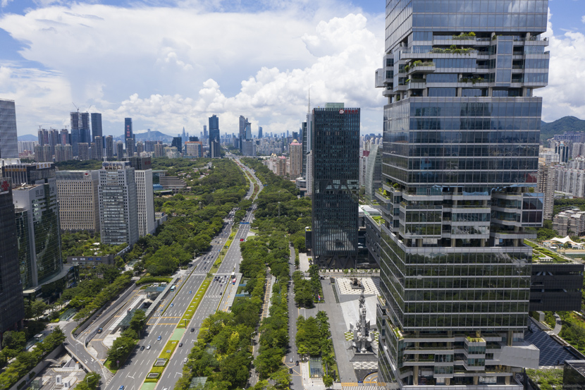 A view of Shennan Avenue in Shenzhen, Guangdong province, Aug. 15, 2020. People Visual