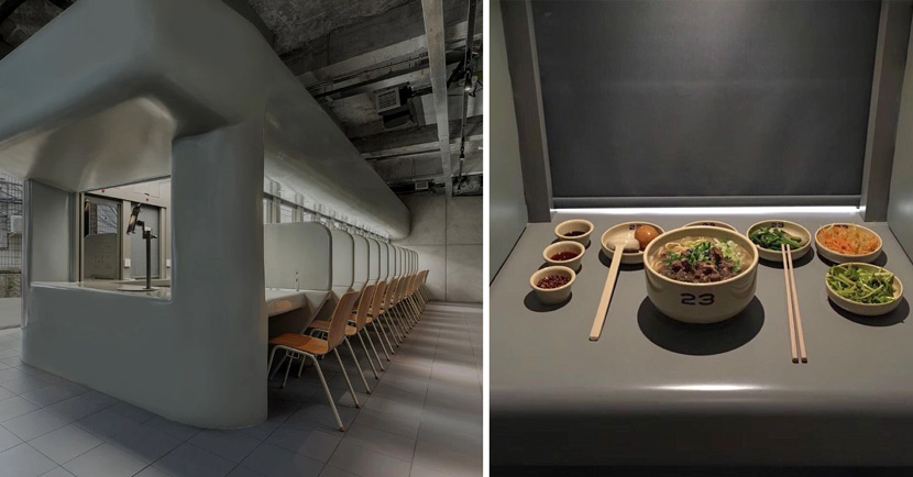 A view of the interior of 23 Seats (left) and a meal served inside one of the restaurant’s cubicles (right) in Beijing. Courtesy of Sun Yun
