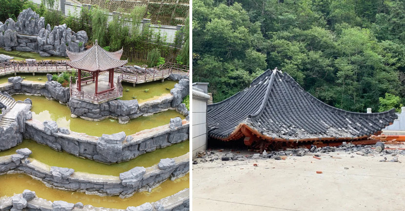 Before and after shots of the pavilion at the fancy school in Zhen’an County, Shaanxi province, August 2020. From Xinhua & China Newsweek