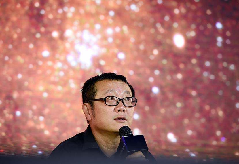 Liu Cixin, author of the award-winning sci-fi novel “The Three Body Problem,” speaks at an event in Beijing, Sept. 18, 2018. People Visual