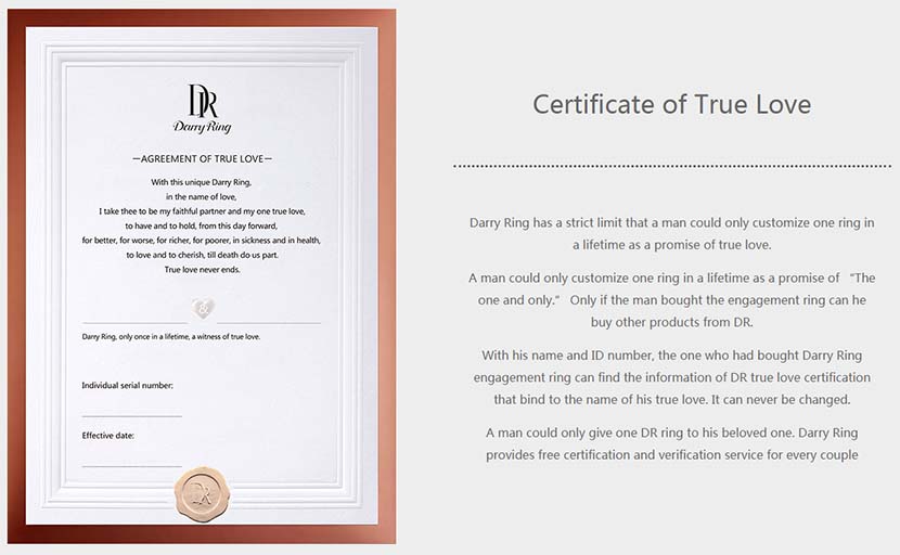A “certificate of true love” presented to couples who purchase Darry Ring wedding bands. From the company’s website
