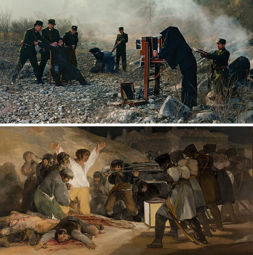 Top: “The Eighth of the Twelfth Lunar Month,” 2008. Courtesy of Cai Dongdong; Bottom: “The Third of May, 1808,” by Francisco Goya, 1814. From Wikipedia