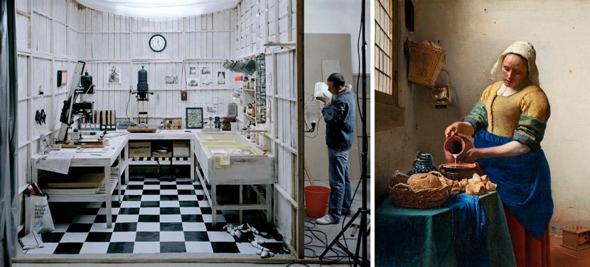 Left: “Giving,” 2009. Courtesy of Cai Dongdong; Right: “The Milkmaid,” by Johannes Vermeer. From Wikipedia