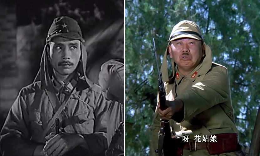 Still frames from the 1955 film “Guerrillas Sweep the Plain” (left) and 2003 satire “Hands Up!” From Douban