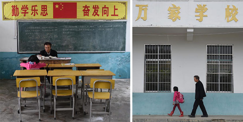 A teacher and his sole student at a rural primary school in Wanjia Village, Hunan province, April 27, 2016. Li Ga/Xinhua