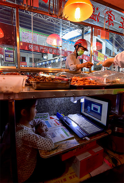 A daughter attends an online class under the table at her mother's booth at a wet market in Yuyangguan City, Hubei Province, April 29, 2020. People Visual