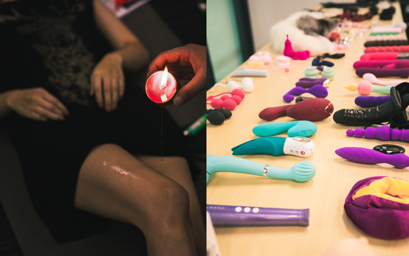 Left: participants try out wax-dropping; right: a selection of sex toys is on display at the foreplay workshop in Shanghai, Sept. 12, 2020. Courtesy of Luo Nanxi