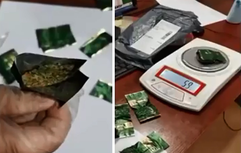 Screenshots from the local news report show tea bags stuffed with marijuana. From @荔枝新闻 on Weibo