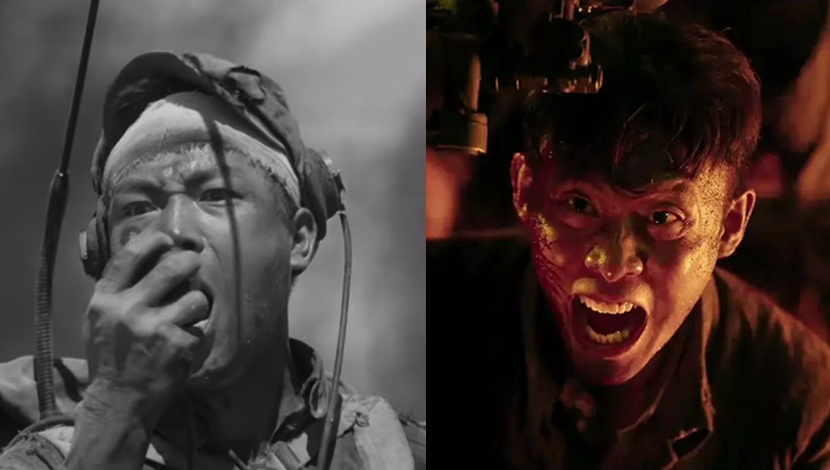 Left: A screenshot from the 1964 film “Heroic Sons and Daughters” showing protagonist Wang Cheng calling for a bombardment of his position. From Youtube; Right: A still from 2020 film “Sacrifice” showing soldier Zhang Fei challenging an American fighter plane to a duel. From Douban