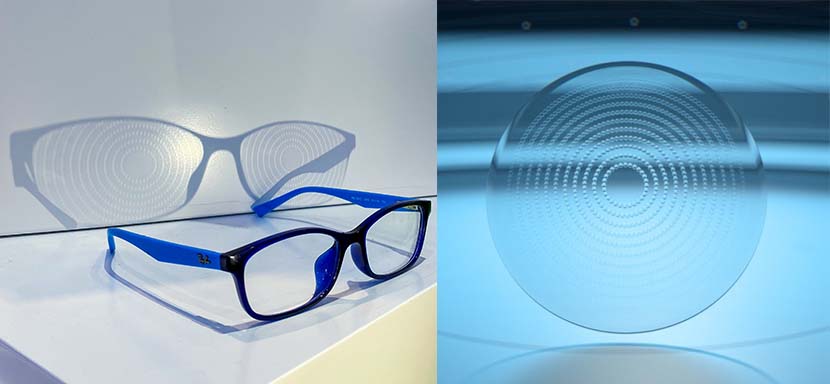 A pair of glasses with Stellest lenses, proven to slow the progression of myopia in children, displayed at the third annual China International Import Expo in Shanghai, Nov. 9, 2020. Courtesy of Wenzhou Medical University