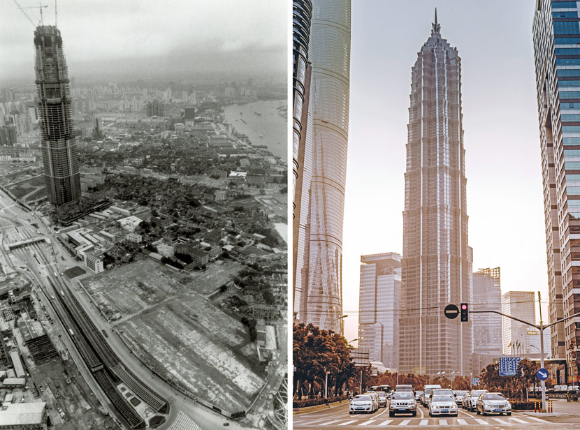 Left: An aerial view of the Jin Mao Tower under construction, taken from the Oriental Pearl Tower in Shanghai, 1997. Courtesy of Wu Jianping; Right: A view of the Jin Mao Tower in 2018. Lṳ̄ Wei/People Visual