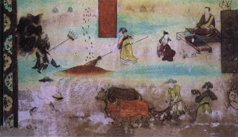 A view of a mural depicting life in an agricultural community in ancient China, in Dunhuang, Gansu province, 2008. People Visual