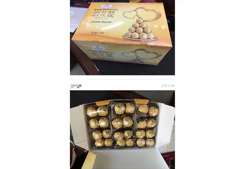 An image of the Ferrero Rocher chocolates the dorm supervisor handed out to students on Thanksgiving at Harbin Institute of Technology in Heilongjiang province. From Weibo