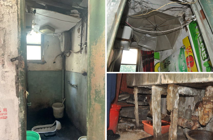 The shared bathroom and kitchen in Pengpu New Village, Shanghai, Nov. 4, 2020. To prevent water leaking from ceilings and pipes, residents have come up with makeshift solutions like empty mooncake boxes, umbrellas, and wash basins. Wang Lianzhang and Zhang Shiyu/Sixth Tone