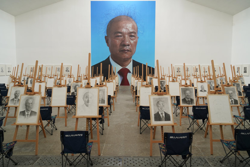 A view of Wang Qingsong’s solo exhibition “On the Field of Hope,” Beijing, 2020. Courtesy of Wang Qingsong