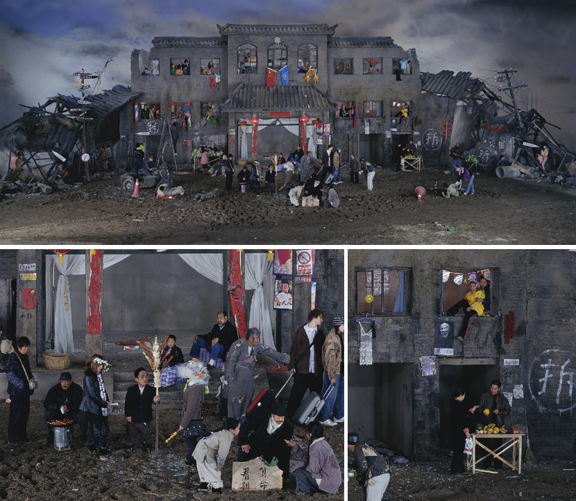 Top: “Dream of Migrants,” 2005. Bottom: Details from the work. Courtesy of Wang Qingsong