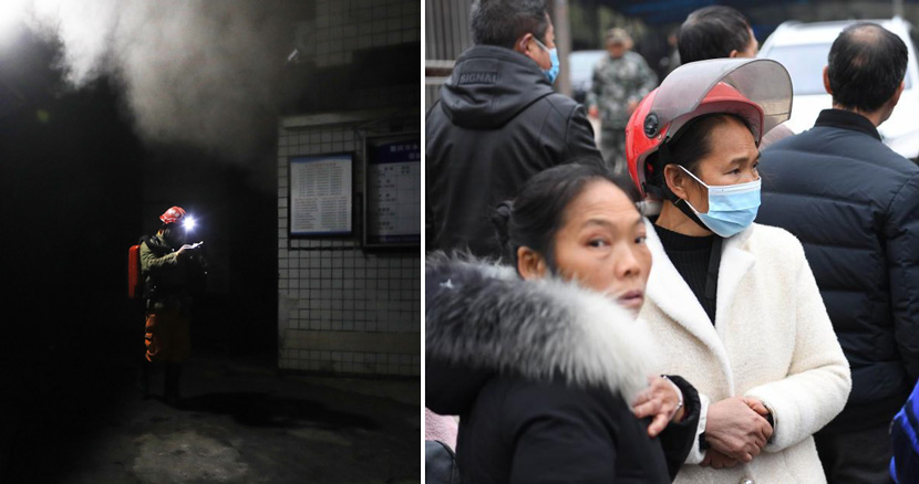Left: A firefighter checks the carbon monoxide concentration at the entrance of the Diaoshuidong coal mine after an apparent carbon monoxide leak in Yongchuan District, Chongqing, Dec. 4, 2020. Huang Wei/Xinhua; Right: Relatives of the miners wait outside the mine, Dec. 5, 2020. According to a local rescue team, 23 people were killed, with one rescued following the accident. Chen Chao/CNS