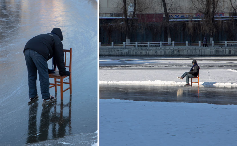 A man learns to ice skate with a chair in Jilin, Jilin province, Dec. 1, 2020. Zhu Wanchang/People Visual