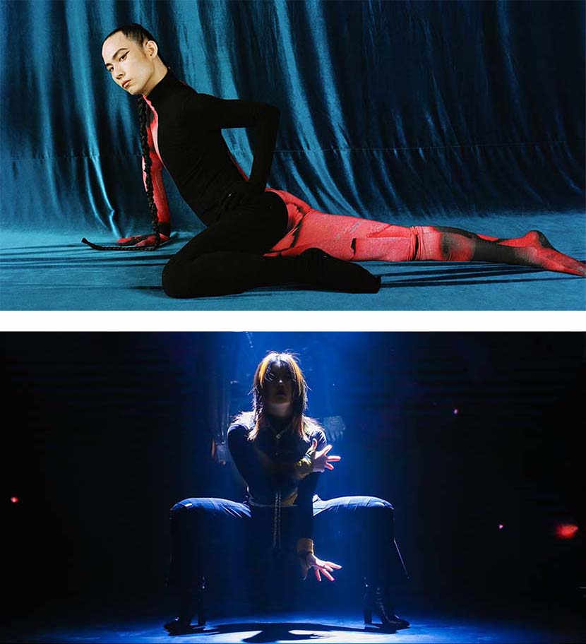 Above: Zhang Weijie, also known as VJ, poses for a photo; below: Zhou Xuelian performs at a voguing event in Shanghai. Courtesy of Zhang Weijie and Zhou Xuelian