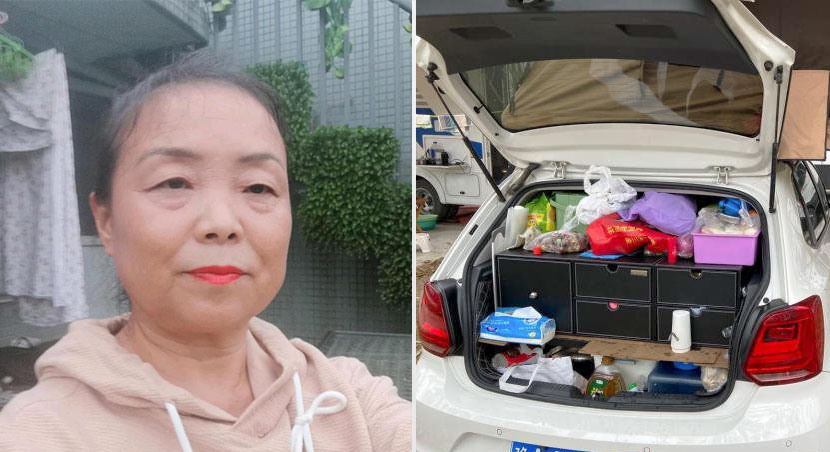 Left: A selfie of Su Min; right: her trunk full of supplies, 2020. From@50岁阿姨自驾游 on Weibo