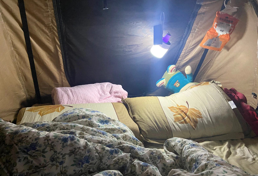 An interior view of the tent Su Min uses for her trip, 2020. Yin Shenglin/White Night Workshop