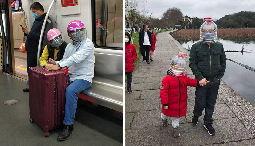 Left: A couple wear helmets over their face masks on the subway in Guangzhou, Guangdong province, Jan. 29, 2020. Tan Qingju/Southern Metropolis Daily; Right: Tourists wear helmets made from plastic bottles, 2020. From @眼科小超人老梁 on Weibo