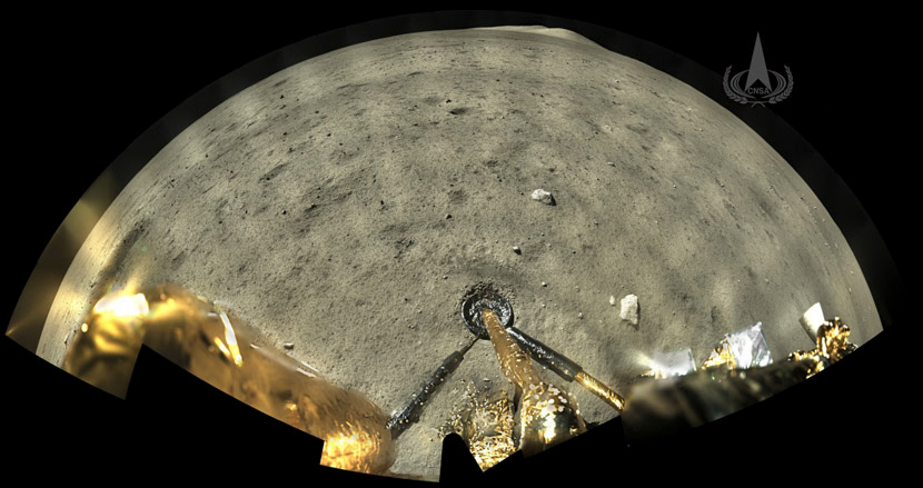 An image taken by a panoramic camera installed on the Chang’E 5 probe’s lander-ascender combination, before the ascender blasted off from the moon with lunar samples, released on Dec. 4, 2020. CNSA via Xinhua