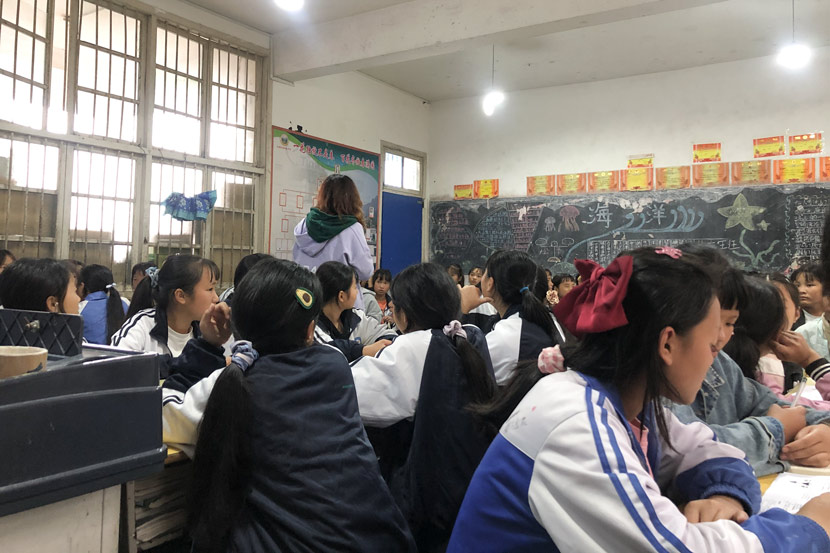 A lecture run by the Stand By Her group at a middle school in Congjiang County, Guizhou province, Oct. 26, 2020. Courtesy of Lei Di