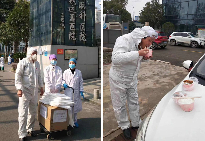 Left: Tian Shugang, CEO of Chen Hui’s company, poses for a photo with medical workers when the company offered medical supplies to a hospital during the outbreak in Wuhan, Hubei province, 2020; Right: Tian eats food after sending supplies to a hospital. Courtesy of Chen Hui