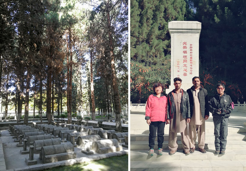 Left: A view of the Chinese Memorial Cemetery in Pakistan; right: Zhang Jingdu, Gao Lirong (far left), and the cemetery’s keepers pose for a photo in front of a monument to those who died working on the Karakoram Highway, 2018. Courtesy of Zhang Jingdu