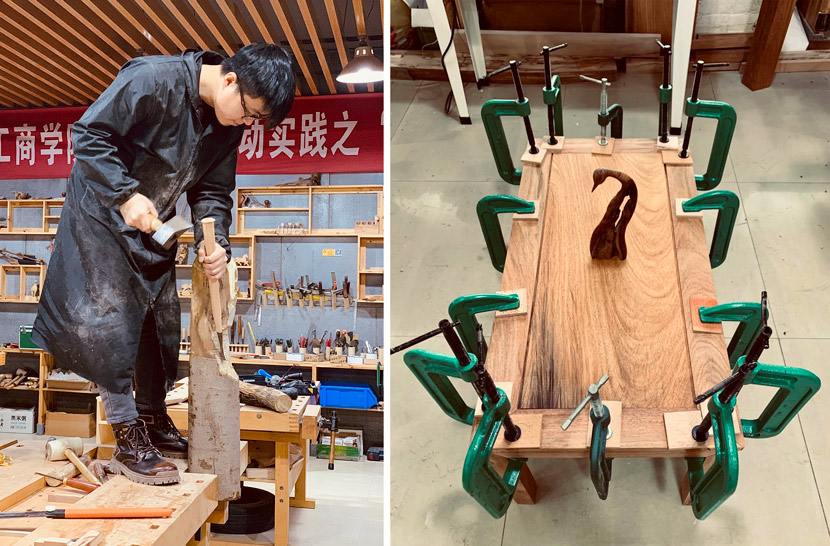 Left: Zhang Mo at work; Right: A desk under construction in Dongyang, Zhejiang province, 2020. Courtesy of Zhang Mo