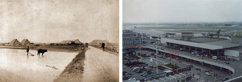Left: A view of a farmer plowing a field in the Hongqiao area in the early 20th century; right: An aerial view of the modern Shanghai Hongqiao Airport, 1990. Xinmin Evening News