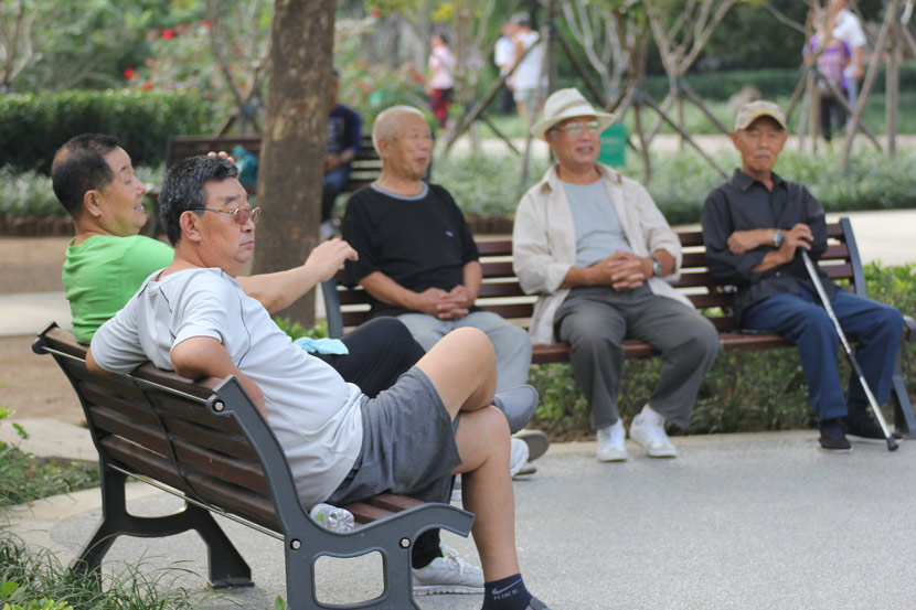 Middle-aged and elderly men sit in a park in Qingdao, Shandong province, 2016. People Visual