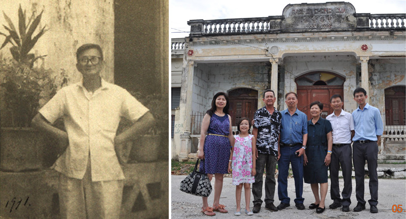 Left: Huang Baoshi poses for a photo in front of the building for the Chinese Consolidated Benevolent Association in Cuba, 1971; Right: Huang Zhuocai and his family pose for a photo in front of the same building in Cuba, 2014. Courtesy of Huang Zhuocai