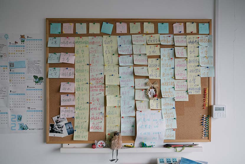 Dates for environmental protection activities are marked on the post-it notes at Zhang Boju's office in Beijing, March 2, 2021. Shi Yangkun/Sixth Tone