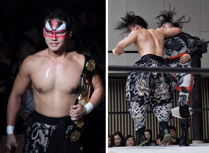 Left: Zhao Junjie holds the Oriental Wrestling Entertainment championship belt, while wearing makeup identifying him as the Chinese war god Guan Yu; right: Zhao strikes another OWE fighter during a show in Japan, 2019. Courtesy of Zhao Junjie