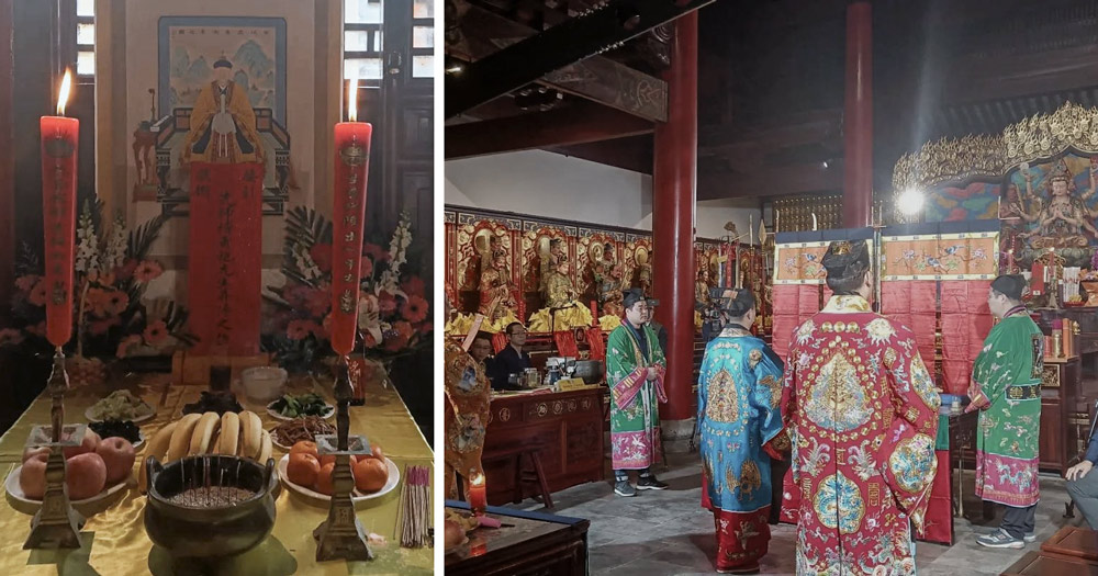Left: A table for sacrificial offerings; Right: A memorial ceremony for Kristofer Schipper is held at Xuanmiao Temple in Suzhou, Jiangsu province, April 1, 2021. From苏州玄妙观on WeChat