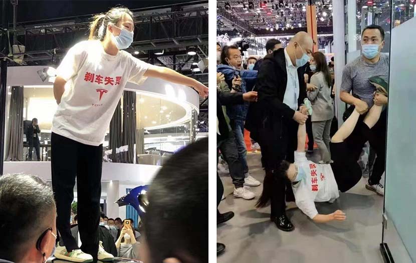 Left: The Tesla owner, Zhang, interrupts the Auto Shanghai expo to protest an alleged brake failure, April 18, 2021; right: Zhang is removed from the venue by security staff. From Weibo