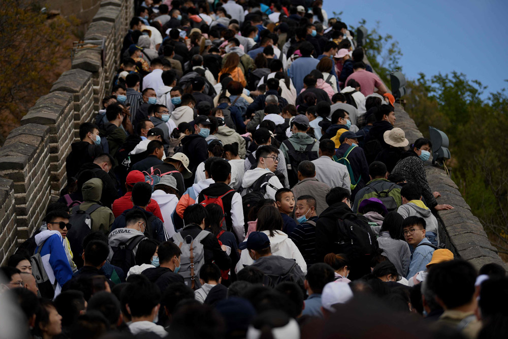 Crowds of people are packed onto the Great Wall during the Labor Day holiday in Beijing, May 1, 2021. Noel Celis/AFP/People Visual