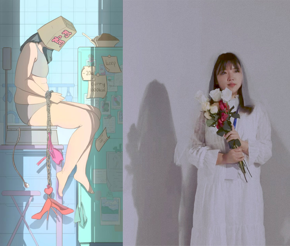 Left: “Body Shame,” by DBStone, an artwork displayed at the “Anti Body-Shaming” exhibition; right: Zhang wears a bridal dress at the exhibition, in Shanghai, 2021. Courtesy of Zhang