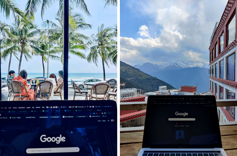 Hu Shuguang works remotely, in Hainan province, March 2021 (left), and Yunnan province, April 2020 (right). Diana Li for Sixth Tone
