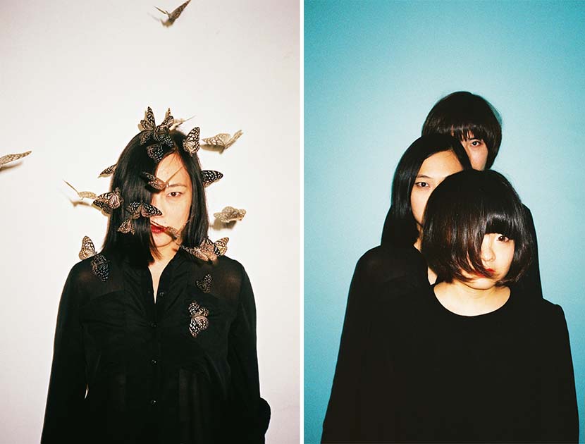 Left: Helen Feng poses with butterflies in a picture by the late photographer Ren Hang; right: Nova Heart band members pose together in a photo by Ren Hang. Courtesy of FakeMusicMedia