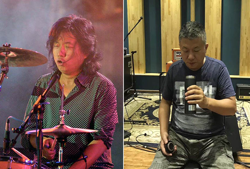 Left: Zhao Mingyi plays the drums during a concert in 2003. Cheng Gong/IC; right: The viral photo of Zhao holding his thermos at a recording studio in 2017. From his Weibo account