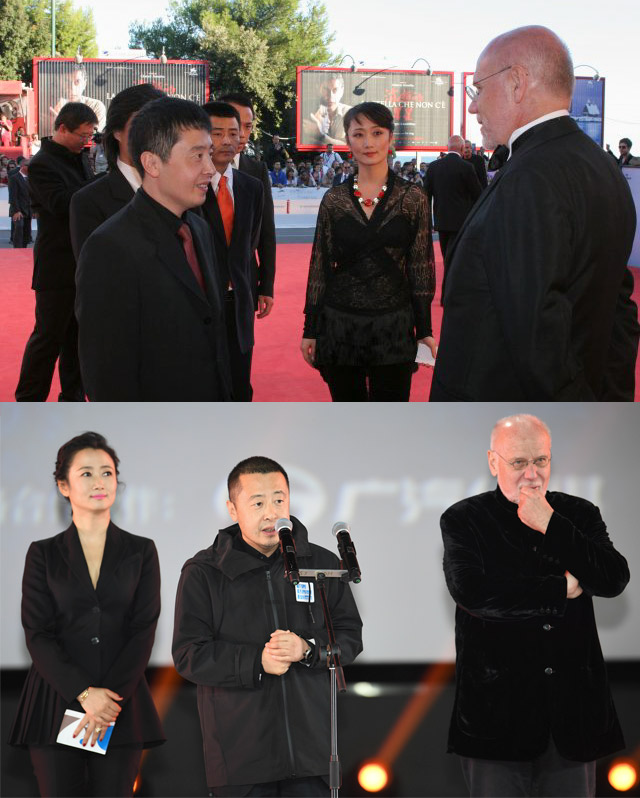 Top: Marco Mueller, director Jia Zhangke, and actress Zhao Tao chat at a film festival in 2006. Courtesy of Marco Mueller; bottom: Marco Mueller, Jia Zhangke, and Zhao Tao stand onstage at the inaugural Pingyao International Film Festival, Shanxi province, 2017. IC