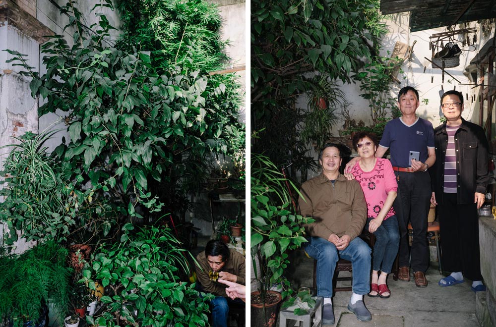 Left: Deng’s garden outside his old home in Yeguang Li; Right: Deng poses for a photo with his family and friends in Yeguang Li, Shanghai, Oct. 17, 2020. Zhou Pinglang for Sixth Tone