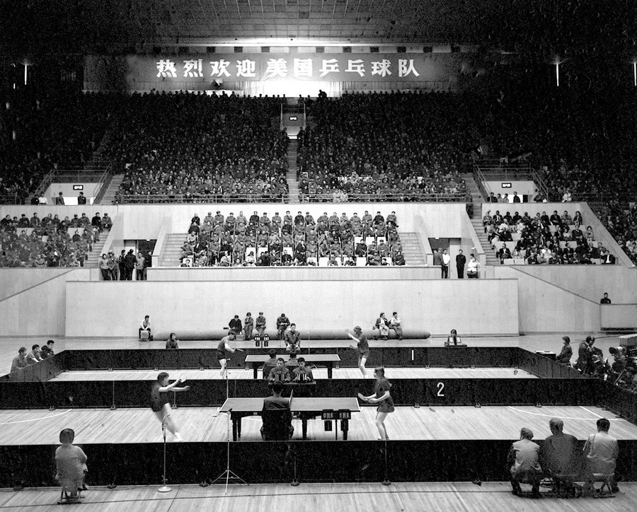 Players from China and the United States take part in a table tennis friendly match in Beijing, China, April 13, 1971. From NARA